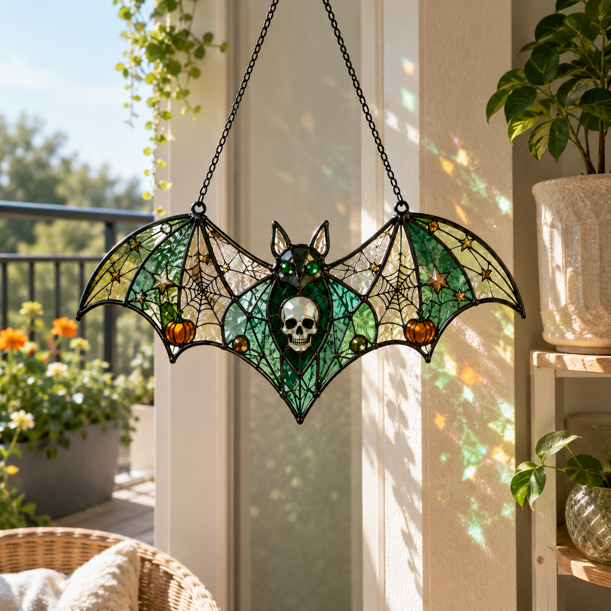 Pink Gothic Bat Skull Suncatcher | Stained Glass Style Window Hanging | Rose Moon Witchy Decor | Car Ornament Gift