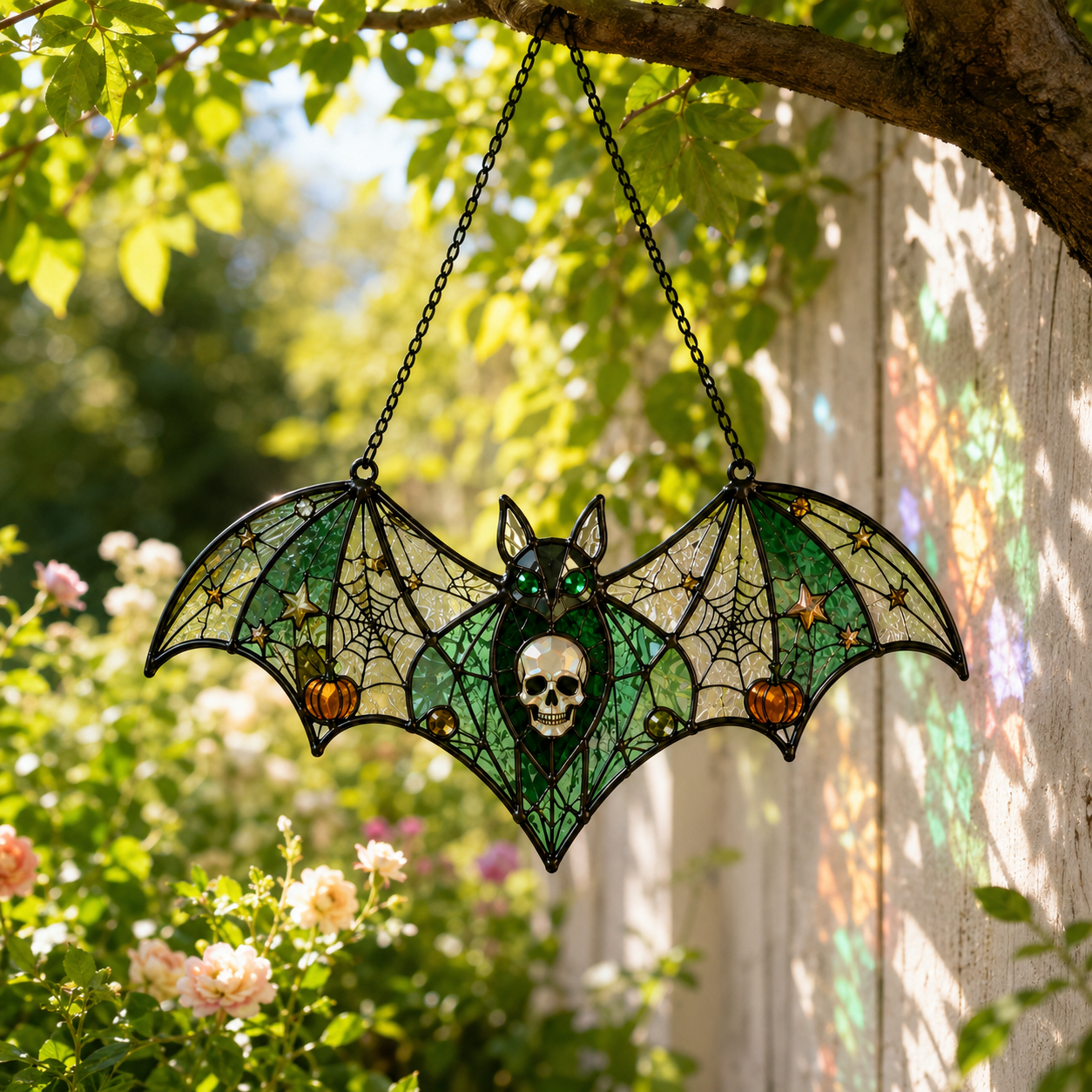 17 Style Halloween Bat Skull Suncatcher | Stained Glass Style Window Hanging | Pumpkin Spider Web Decor | Car Ornament Gift