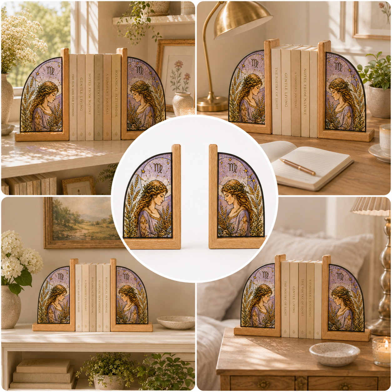 Virgo Zodiac Bookends | Wood Glass Bookend Set | Astrology Bookshelf Decor | Stained Glass Style Book Holder | Virgo Gift