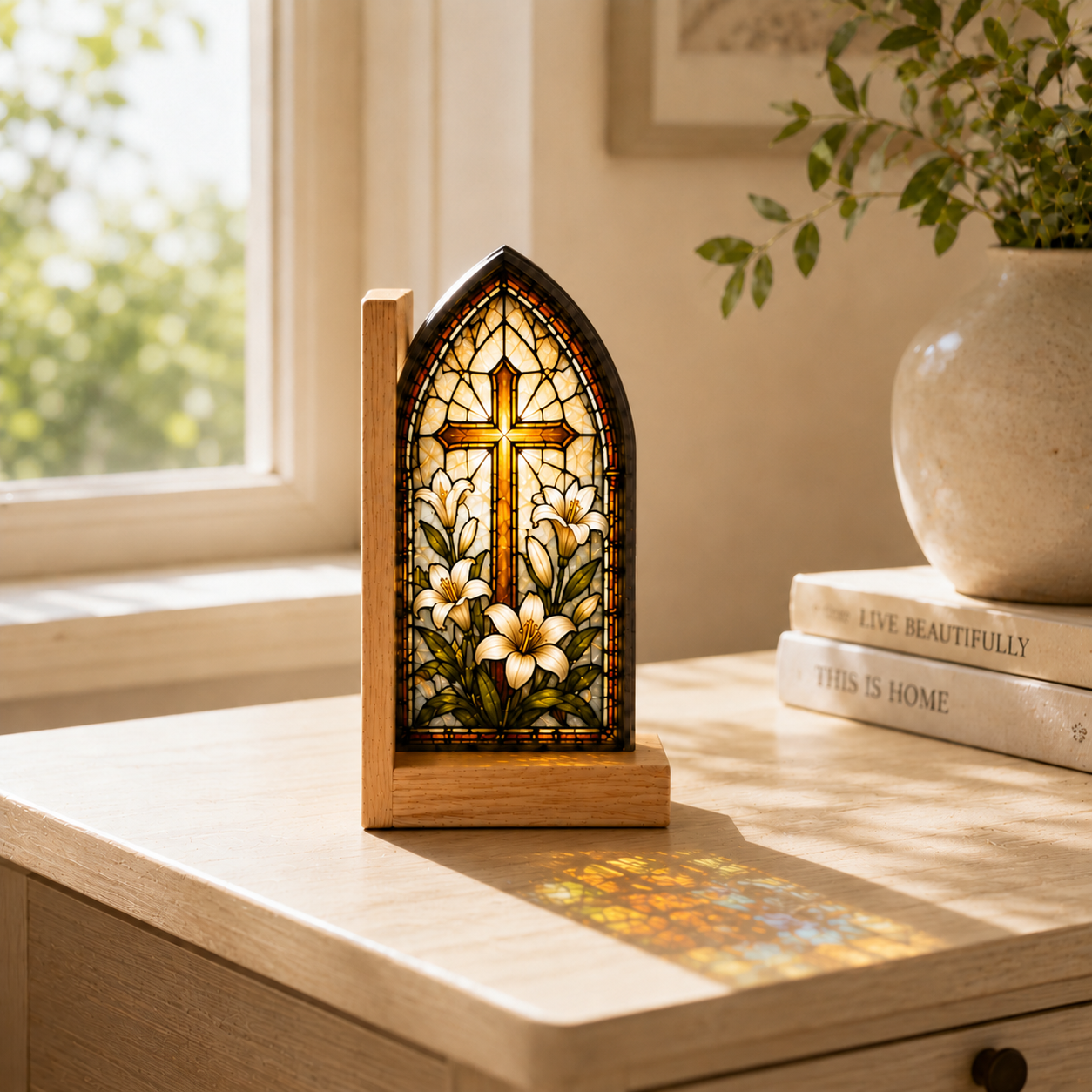 Christian Cross Bookends | Lily Stained Glass Style Wood Bookend Set | Religious Bookshelf Decor | Easter Gift