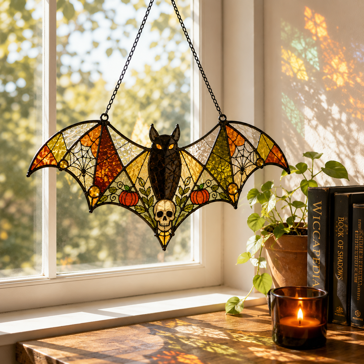 Gothic Bat Skull Suncatcher | Stained Glass Style Window Hanging | Witchy Moon Spider Web Decor | Car Ornament Gift