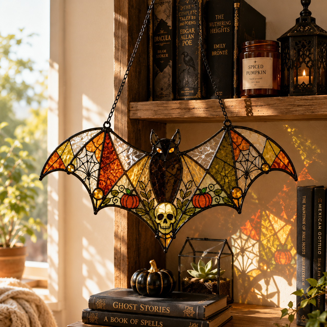 Halloween Bat Suncatcher | Skull Pumpkin Stained Glass Style Window Hanging | Gothic Witchy Decor | Car Ornament Gift