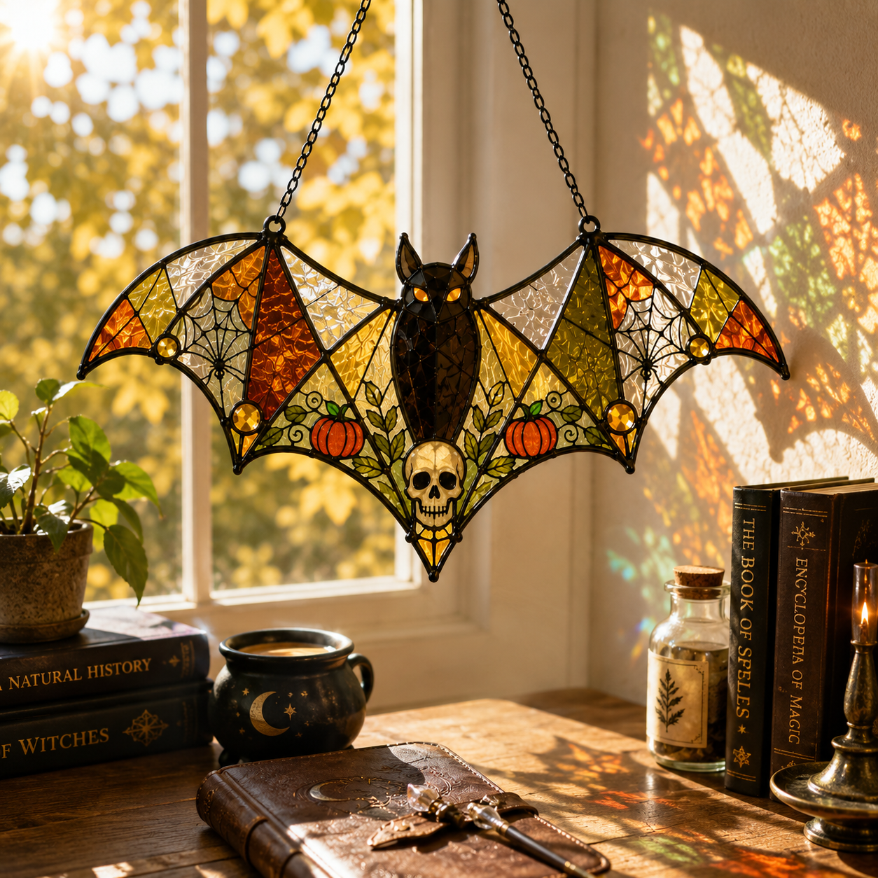 Halloween Bat Suncatcher | Skull Pumpkin Stained Glass Style Window Hanging | Gothic Witchy Decor | Car Ornament Gift