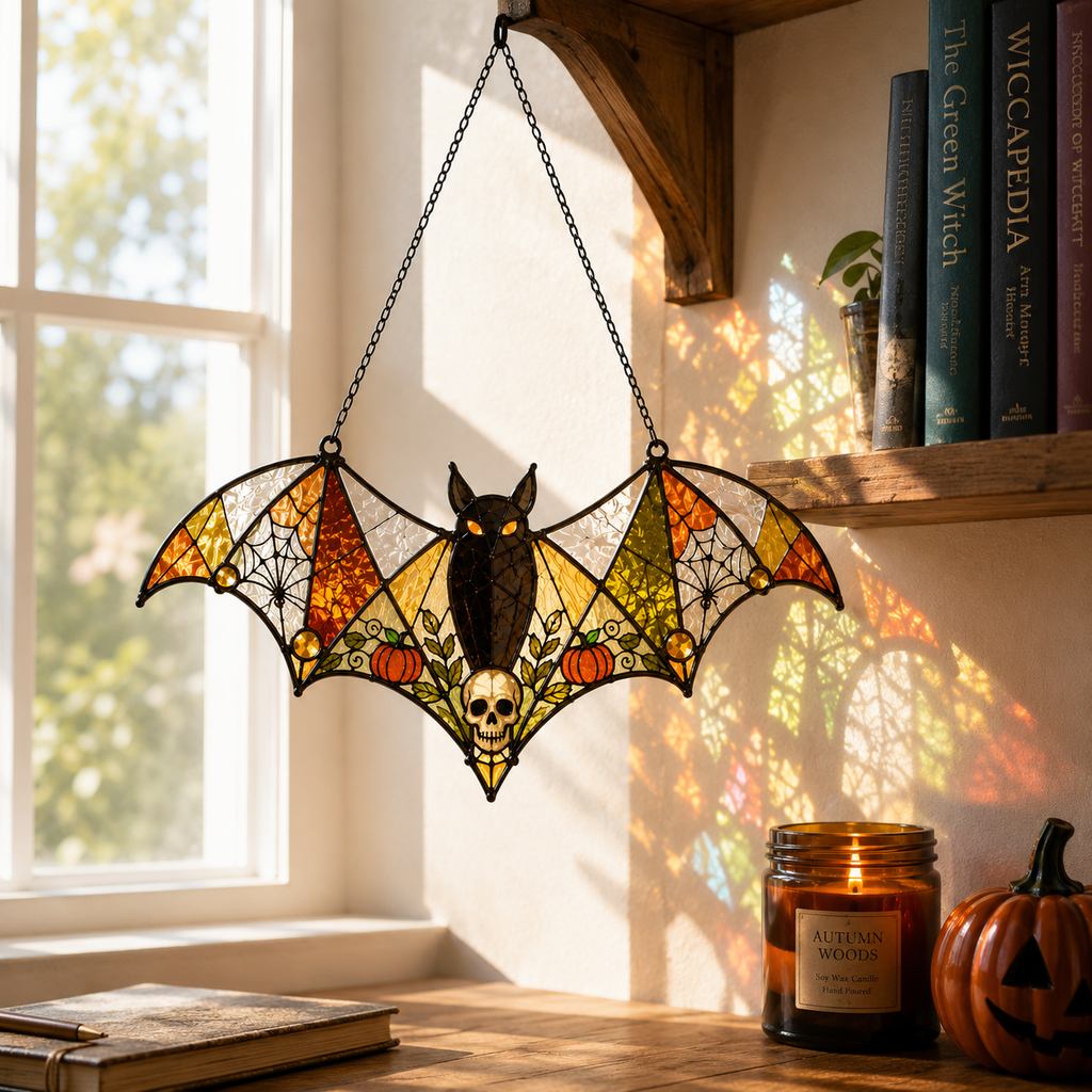 Gothic Bat Skull Suncatcher | Stained Glass Style Window Hanging | Witchy Bat Wall Decor | Car Ornament Gift