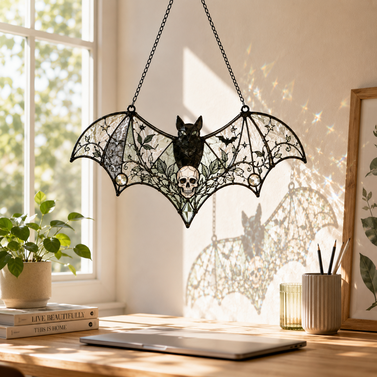 Halloween Bat Skull Suncatcher | Stained Glass Style Window Hanging | Pumpkin Spider Web Decor | Car Ornament Gift