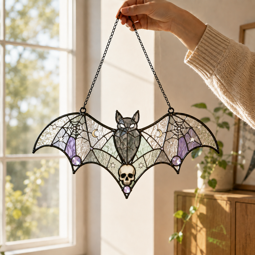 20 Style Halloween Bat Skull Suncatcher | Blue Green Stained Glass Style Window Hanging | Gothic Witchy Decor | Car Ornament Gift