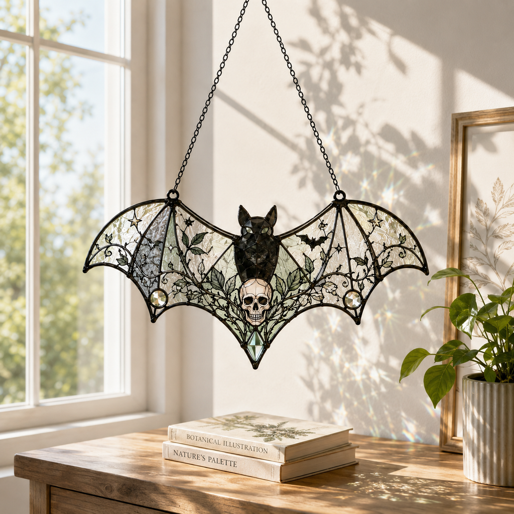 Gothic Bat Skull Suncatcher | Stained Glass Style Window Hanging | Witchy Bat Wall Decor | Car Ornament Gift