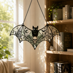 Gothic Bat Skull Suncatcher | Stained Glass Style Window Hanging | Witchy Bat Wall Decor | Car Ornament Gift