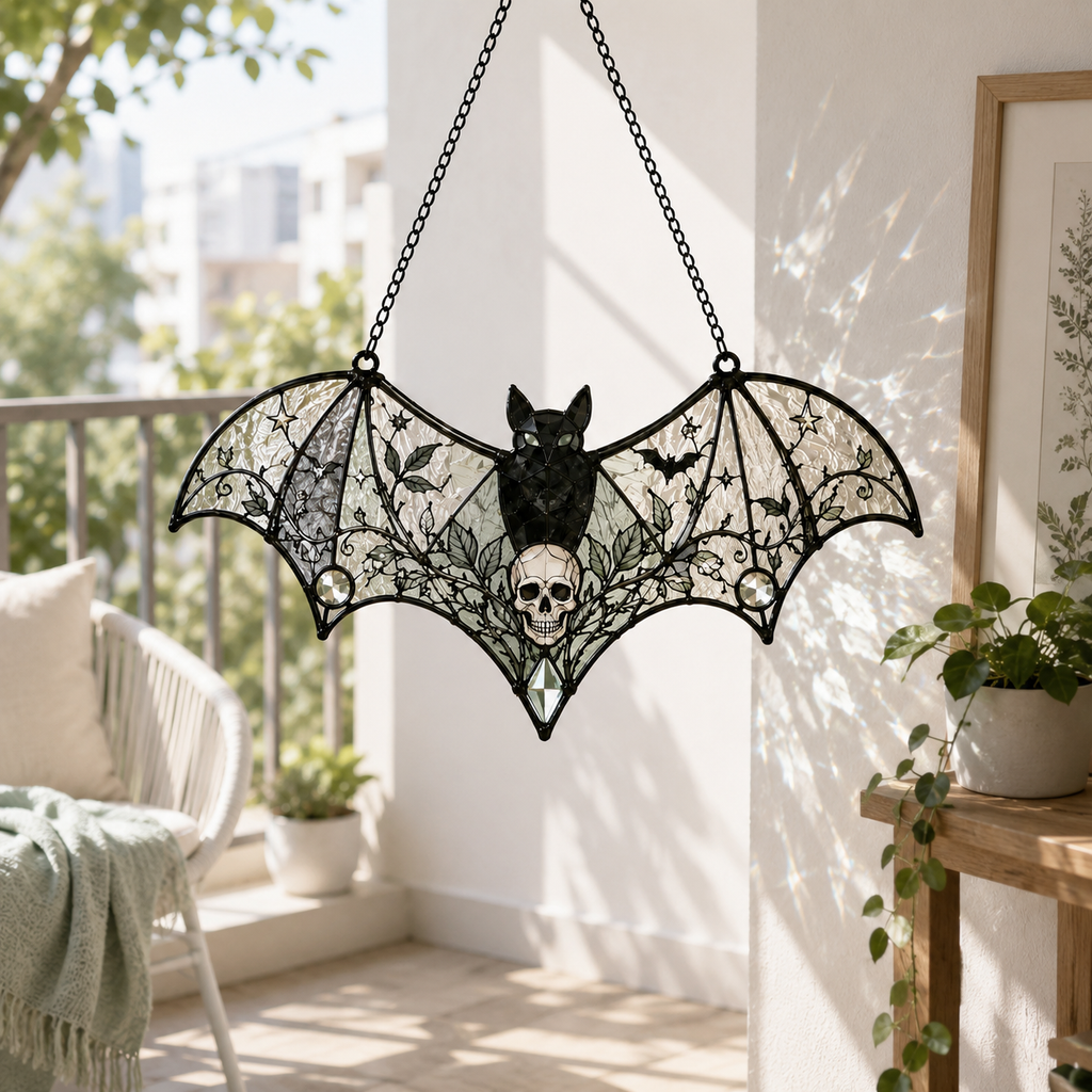 Gothic Bat Skull Suncatcher | Stained Glass Style Window Hanging | Witchy Bat Wall Decor | Car Ornament Gift