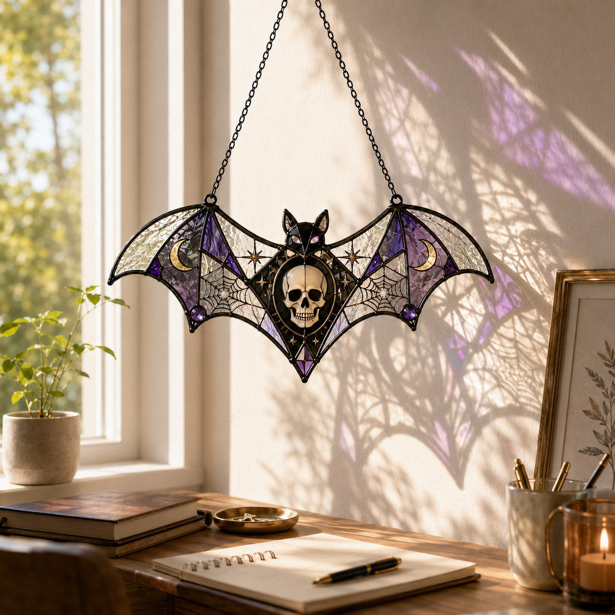 Purple Bat Skull Suncatcher | Halloween Stained Glass Style Window Hanging | Gothic Witchy Decor | Car Ornament Gift