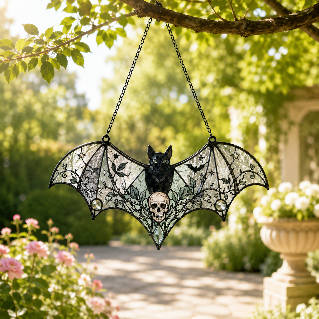 Gothic Bat Skull Suncatcher | Stained Glass Style Window Hanging | Witchy Bat Wall Decor | Car Ornament Gift