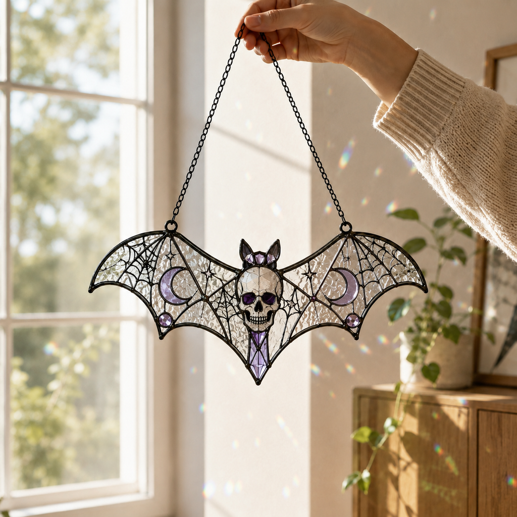 20 Style Halloween Bat Skull Suncatcher | Blue Green Stained Glass Style Window Hanging | Gothic Witchy Decor | Car Ornament Gift