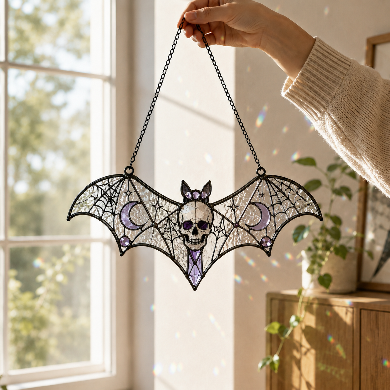 17 Style Halloween Bat Skull Suncatcher | Stained Glass Style Window Hanging | Pumpkin Spider Web Decor | Car Ornament Gift