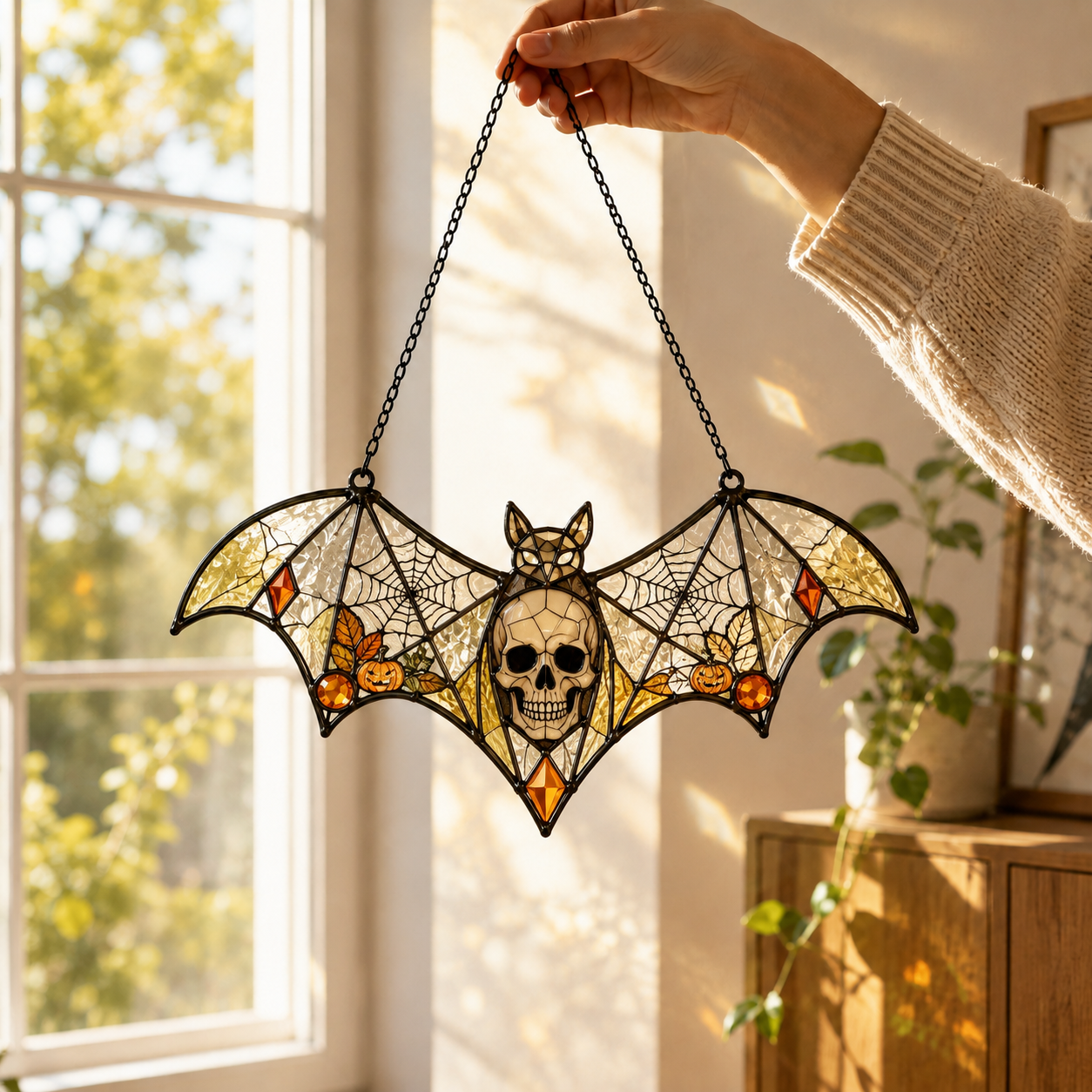 20 Style Halloween Bat Skull Suncatcher | Blue Green Stained Glass Style Window Hanging | Gothic Witchy Decor | Car Ornament Gift