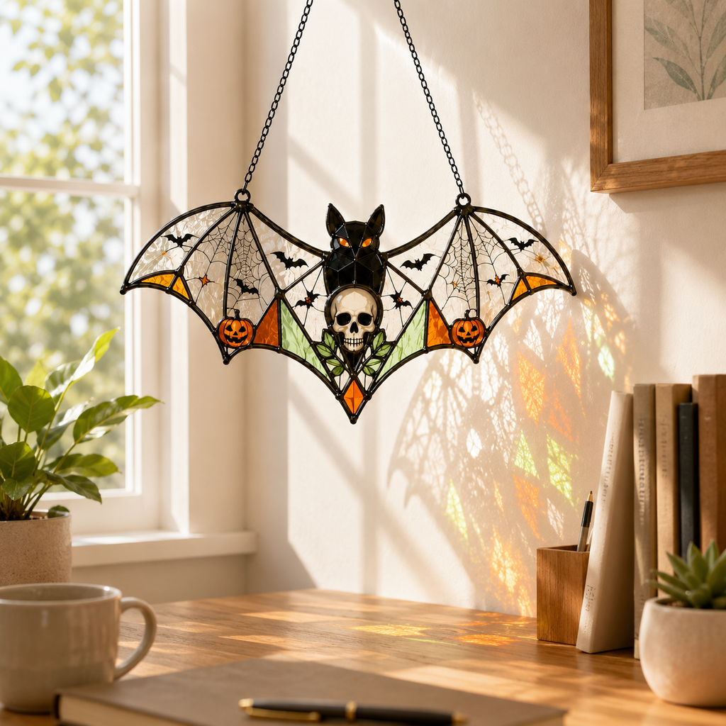 Halloween Bat Skull Suncatcher | Stained Glass Style Window Hanging | Pumpkin Spider Web Decor | Car Ornament Gift