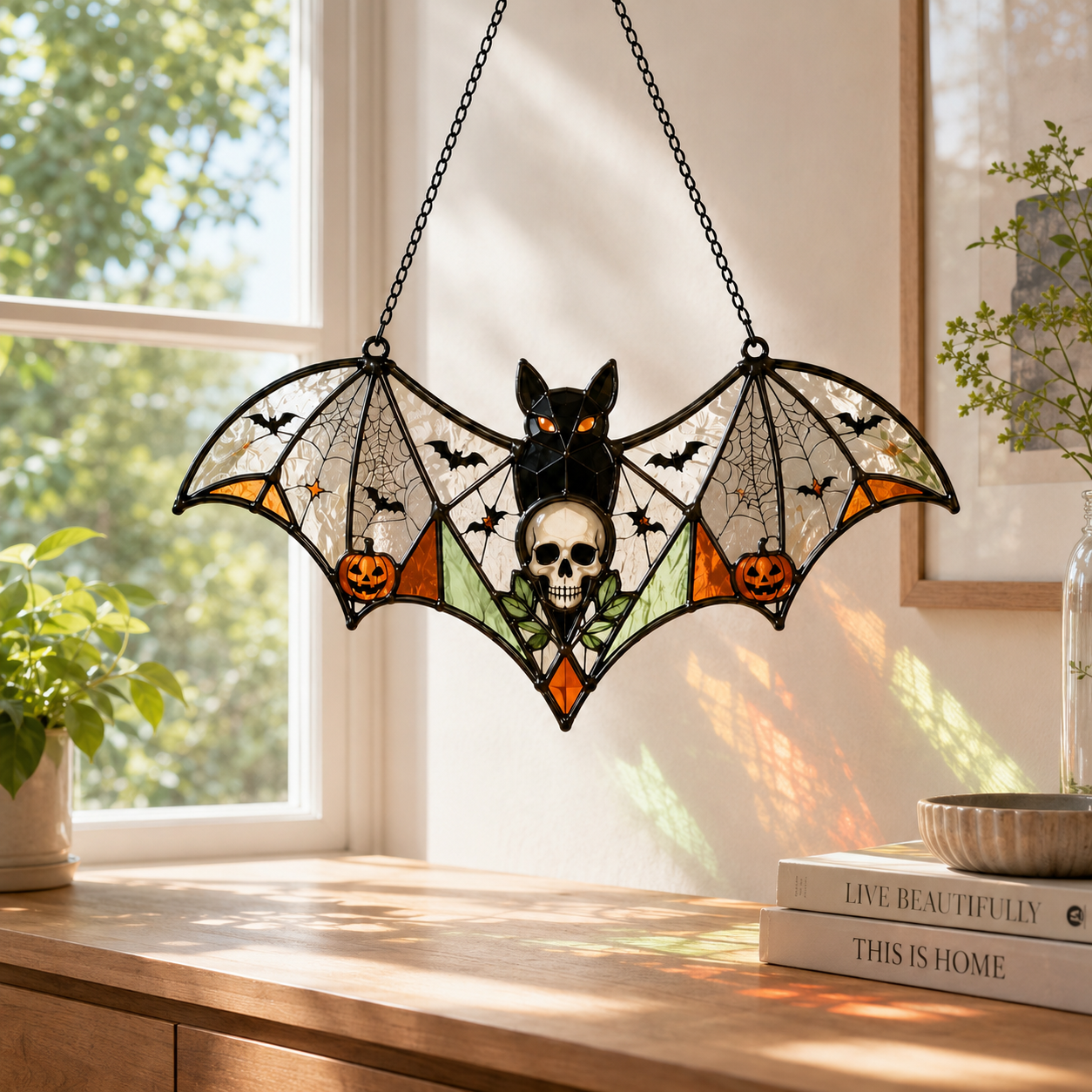 Halloween Bat Skull Suncatcher | Stained Glass Style Window Hanging | Pumpkin Spider Web Decor | Car Ornament Gift