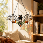 Gothic Bat Skull Suncatcher | Stained Glass Style Window Hanging | Witchy Bat Wall Decor | Car Ornament Gift