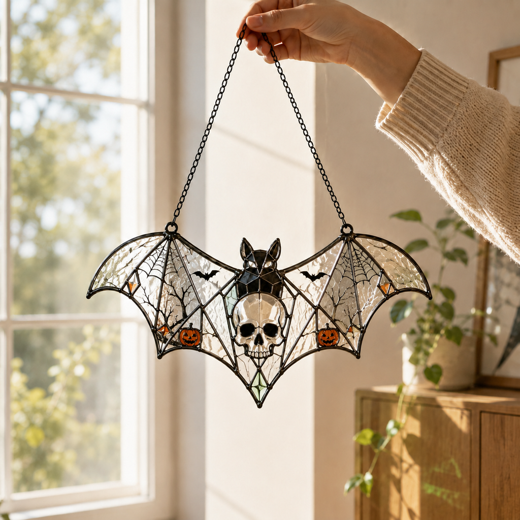 20 Style Halloween Bat Skull Suncatcher | Blue Green Stained Glass Style Window Hanging | Gothic Witchy Decor | Car Ornament Gift