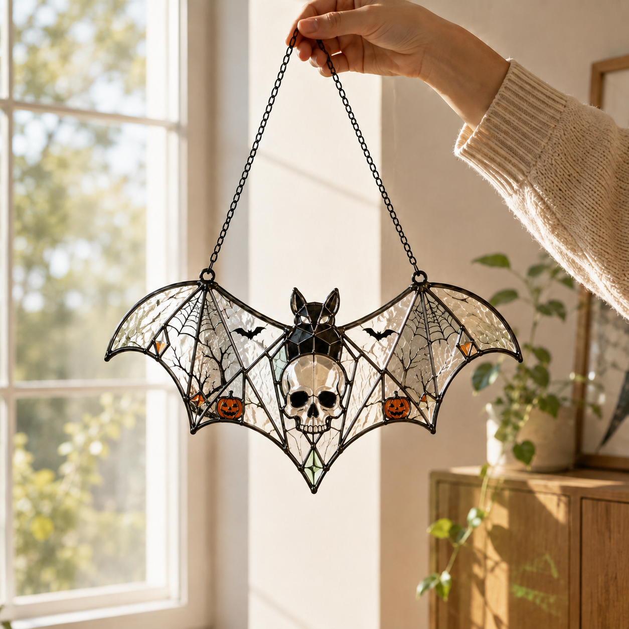17 Style Halloween Bat Skull Suncatcher | Stained Glass Style Window Hanging | Pumpkin Spider Web Decor | Car Ornament Gift