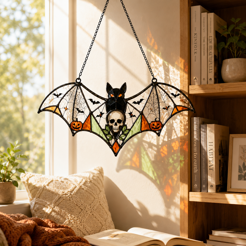 Halloween Bat Skull Suncatcher | Stained Glass Style Window Hanging | Pumpkin Spider Web Decor | Car Ornament Gift