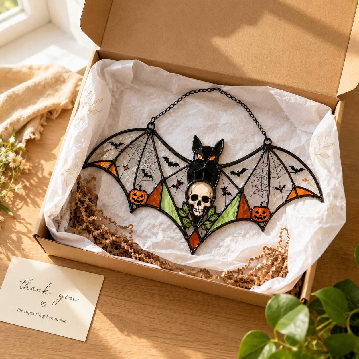 Halloween Bat Skull Suncatcher | Stained Glass Style Window Hanging | Pumpkin Spider Web Decor | Car Ornament Gift
