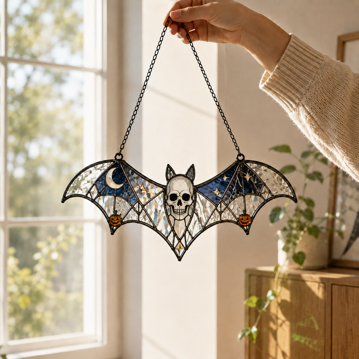 17 Style Halloween Bat Skull Suncatcher | Stained Glass Style Window Hanging | Pumpkin Spider Web Decor | Car Ornament Gift