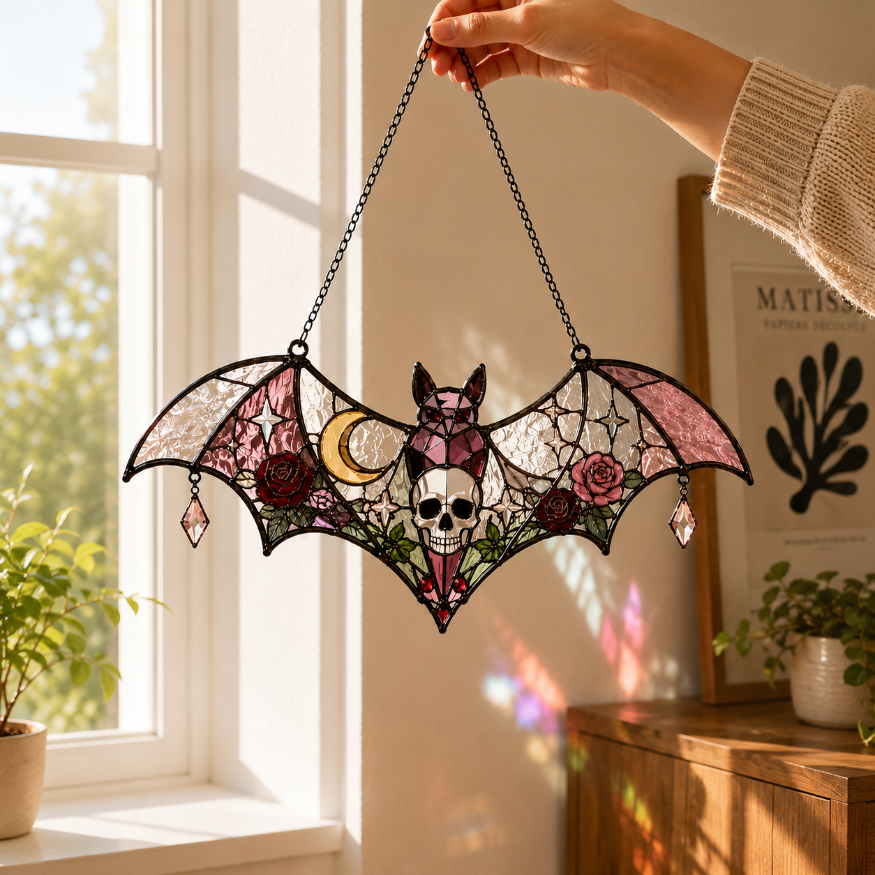 20 Style Halloween Bat Skull Suncatcher | Blue Green Stained Glass Style Window Hanging | Gothic Witchy Decor | Car Ornament Gift