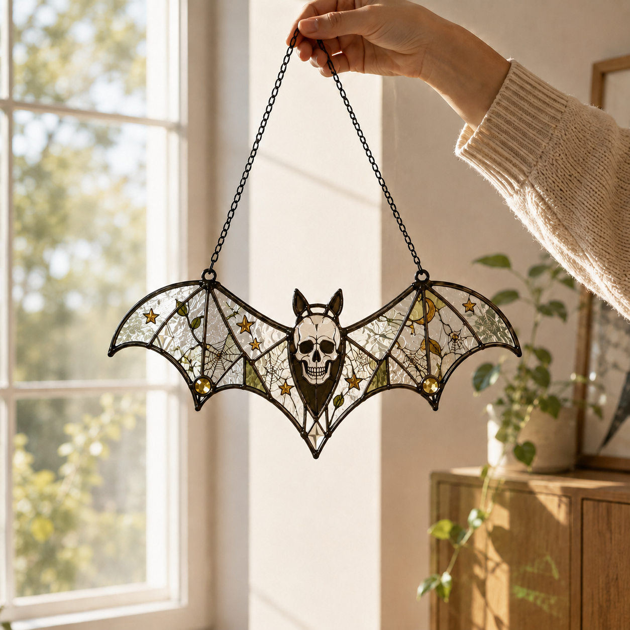 17 Style Halloween Bat Skull Suncatcher | Stained Glass Style Window Hanging | Pumpkin Spider Web Decor | Car Ornament Gift