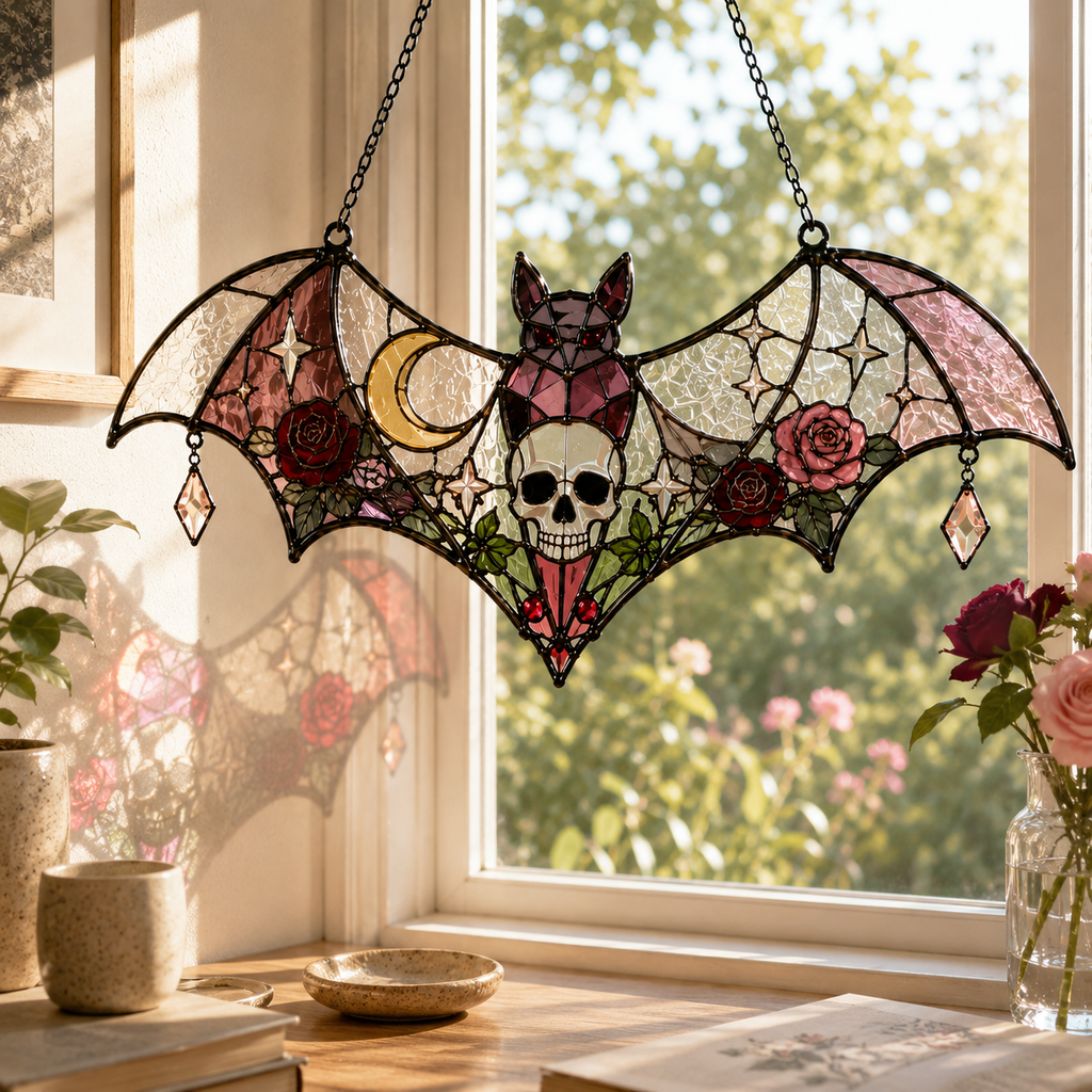 Pink Gothic Bat Skull Suncatcher | Stained Glass Style Window Hanging | Rose Moon Witchy Decor | Car Ornament Gift
