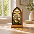 Christian Cross Bookends | Lily Stained Glass Style Wood Bookend Set | Religious Bookshelf Decor | Easter Gift
