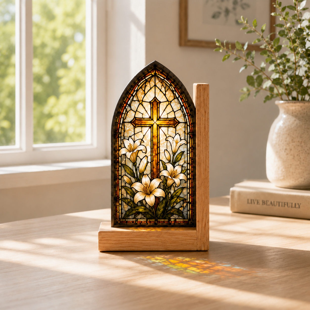 Christian Cross Bookends | Lily Stained Glass Style Wood Bookend Set | Religious Bookshelf Decor | Easter Gift