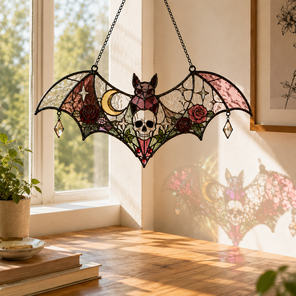 Pink Gothic Bat Skull Suncatcher | Stained Glass Style Window Hanging | Rose Moon Witchy Decor | Car Ornament Gift