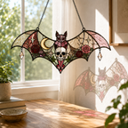 Pink Gothic Bat Skull Suncatcher | Stained Glass Style Window Hanging | Rose Moon Witchy Decor | Car Ornament Gift