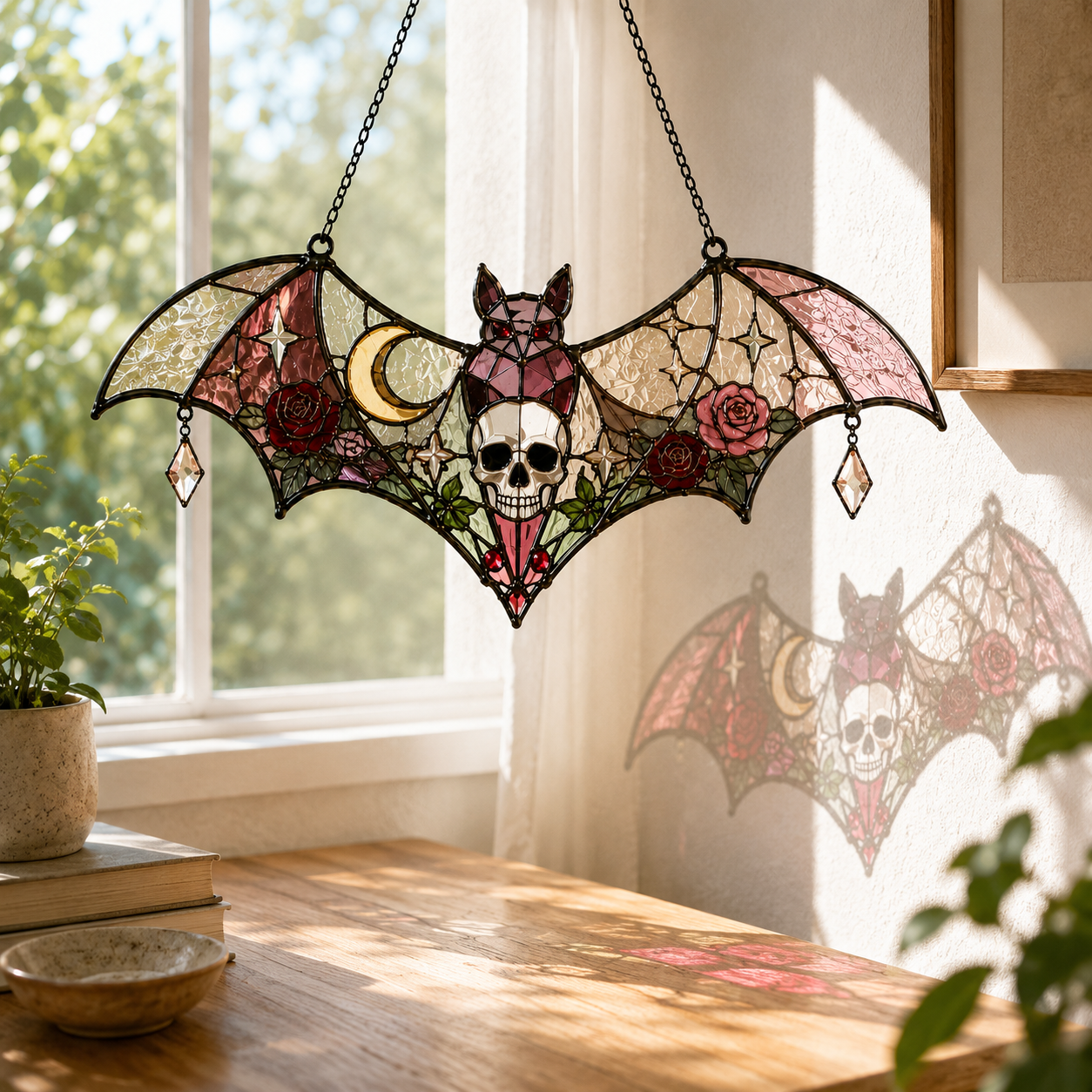 17 Style Halloween Bat Skull Suncatcher | Stained Glass Style Window Hanging | Pumpkin Spider Web Decor | Car Ornament Gift