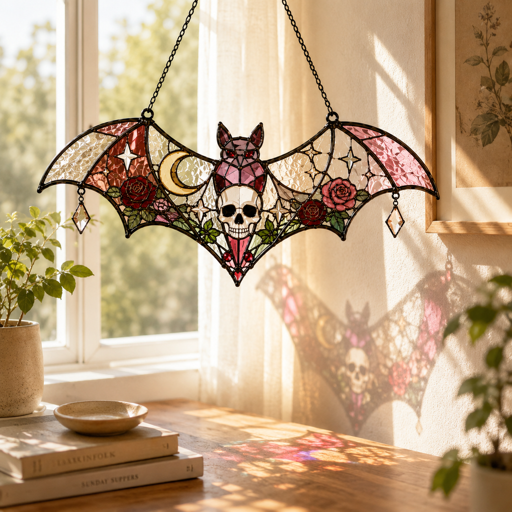 Pink Gothic Bat Skull Suncatcher | Stained Glass Style Window Hanging | Rose Moon Witchy Decor | Car Ornament Gift