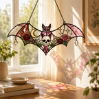 Pink Gothic Bat Skull Suncatcher | Stained Glass Style Window Hanging | Rose Moon Witchy Decor | Car Ornament Gift