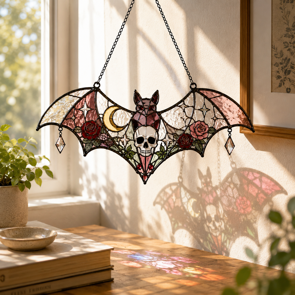 Pink Gothic Bat Skull Suncatcher | Stained Glass Style Window Hanging | Rose Moon Witchy Decor | Car Ornament Gift