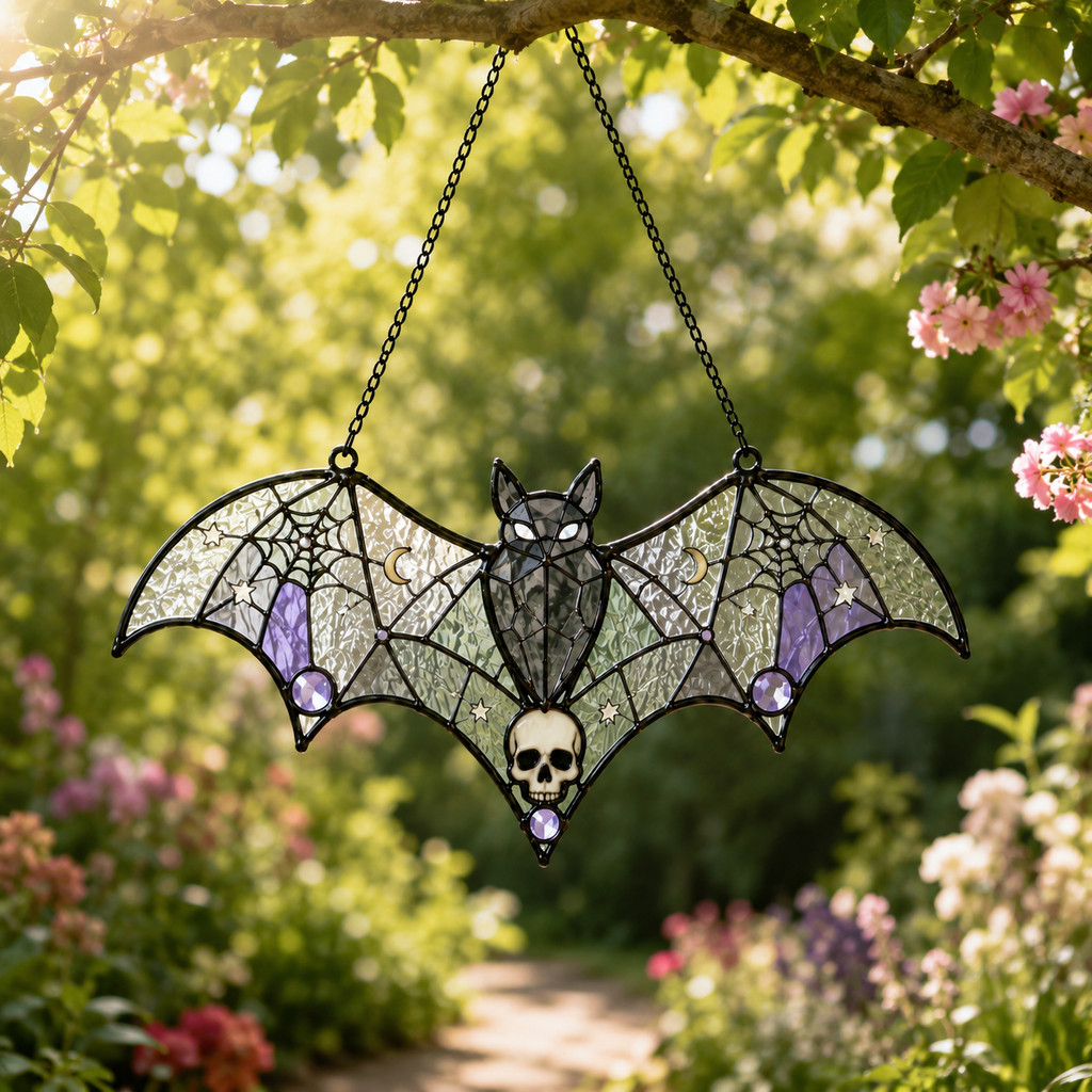 Gothic Bat Skull Suncatcher | Stained Glass Style Window Hanging | Witchy Bat Wall Decor | Car Ornament Gift