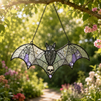 Gothic Bat Skull Suncatcher | Stained Glass Style Window Hanging | Witchy Bat Wall Decor | Car Ornament Gift
