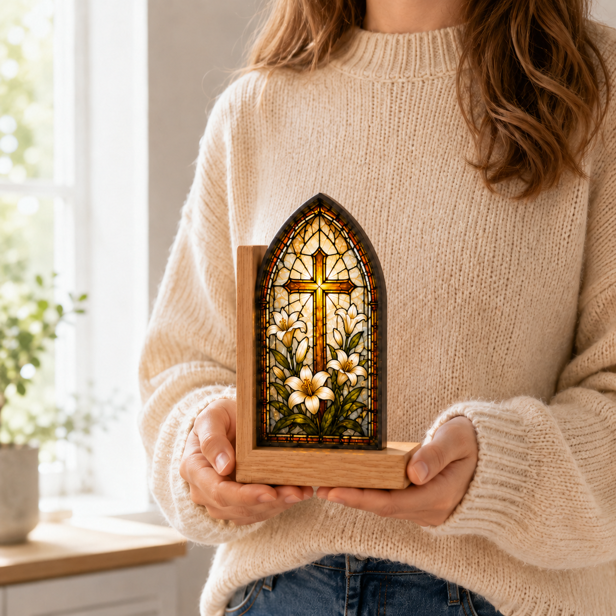 Christian Cross Bookends | Lily Stained Glass Style Wood Bookend Set | Religious Bookshelf Decor | Easter Gift