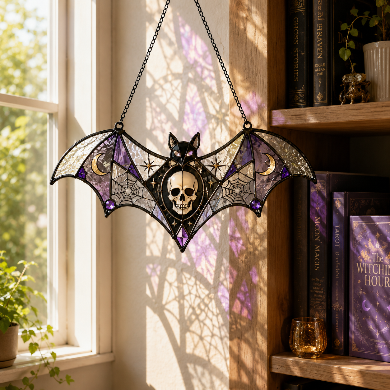 Purple Bat Skull Suncatcher | Halloween Stained Glass Style Window Hanging | Gothic Witchy Decor | Car Ornament Gift