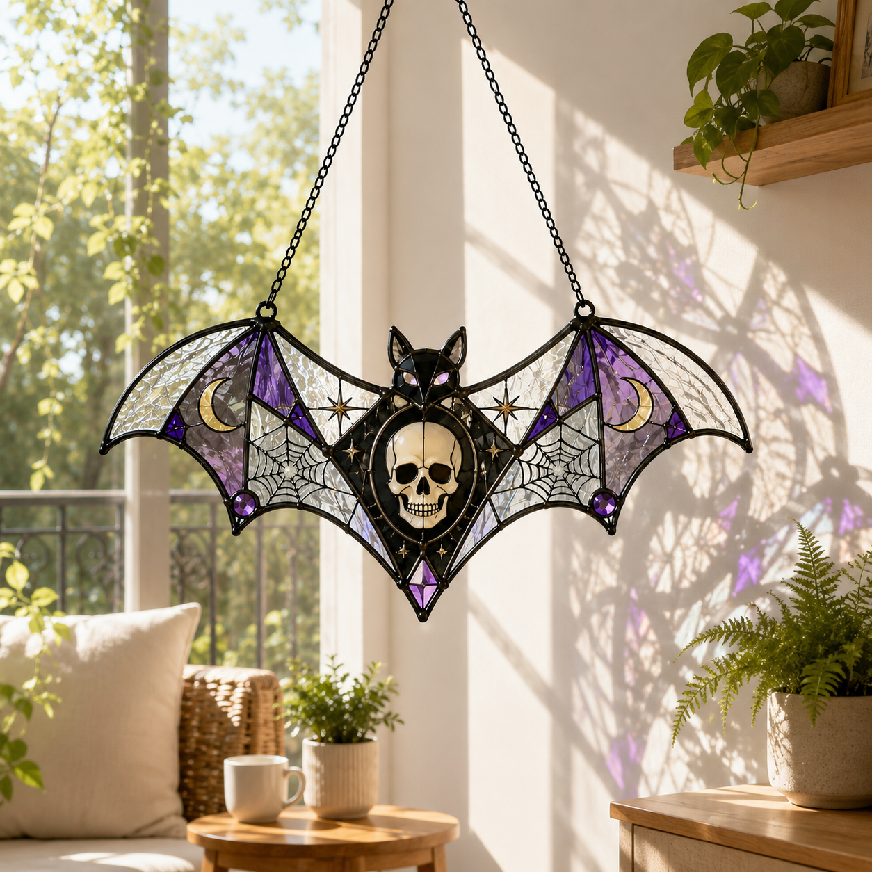 17 Style Halloween Bat Skull Suncatcher | Stained Glass Style Window Hanging | Pumpkin Spider Web Decor | Car Ornament Gift