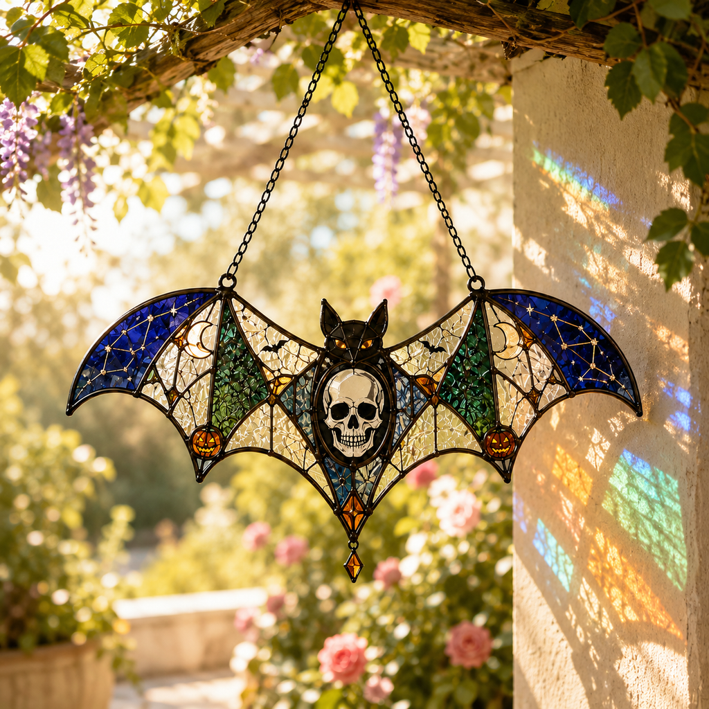 Gothic Bat Skull Suncatcher | Stained Glass Style Window Hanging | Witchy Bat Wall Decor | Car Ornament Gift