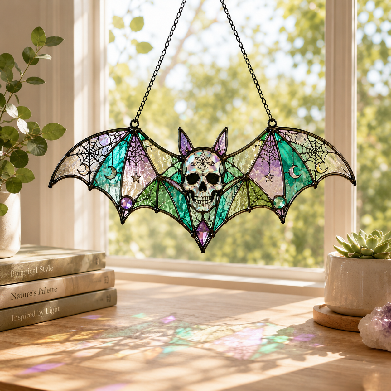 Gothic Bat Skull Suncatcher | Stained Glass Style Window Hanging | Witchy Moon Spider Web Decor | Car Ornament Gift
