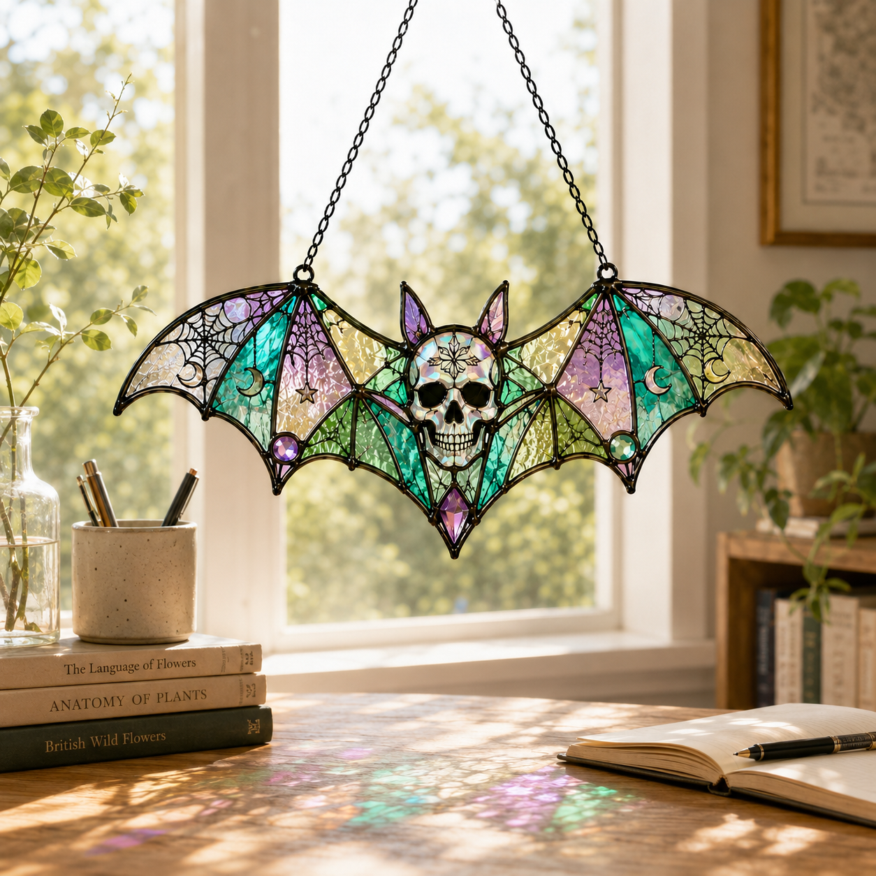 17 Style Halloween Bat Skull Suncatcher | Stained Glass Style Window Hanging | Pumpkin Spider Web Decor | Car Ornament Gift