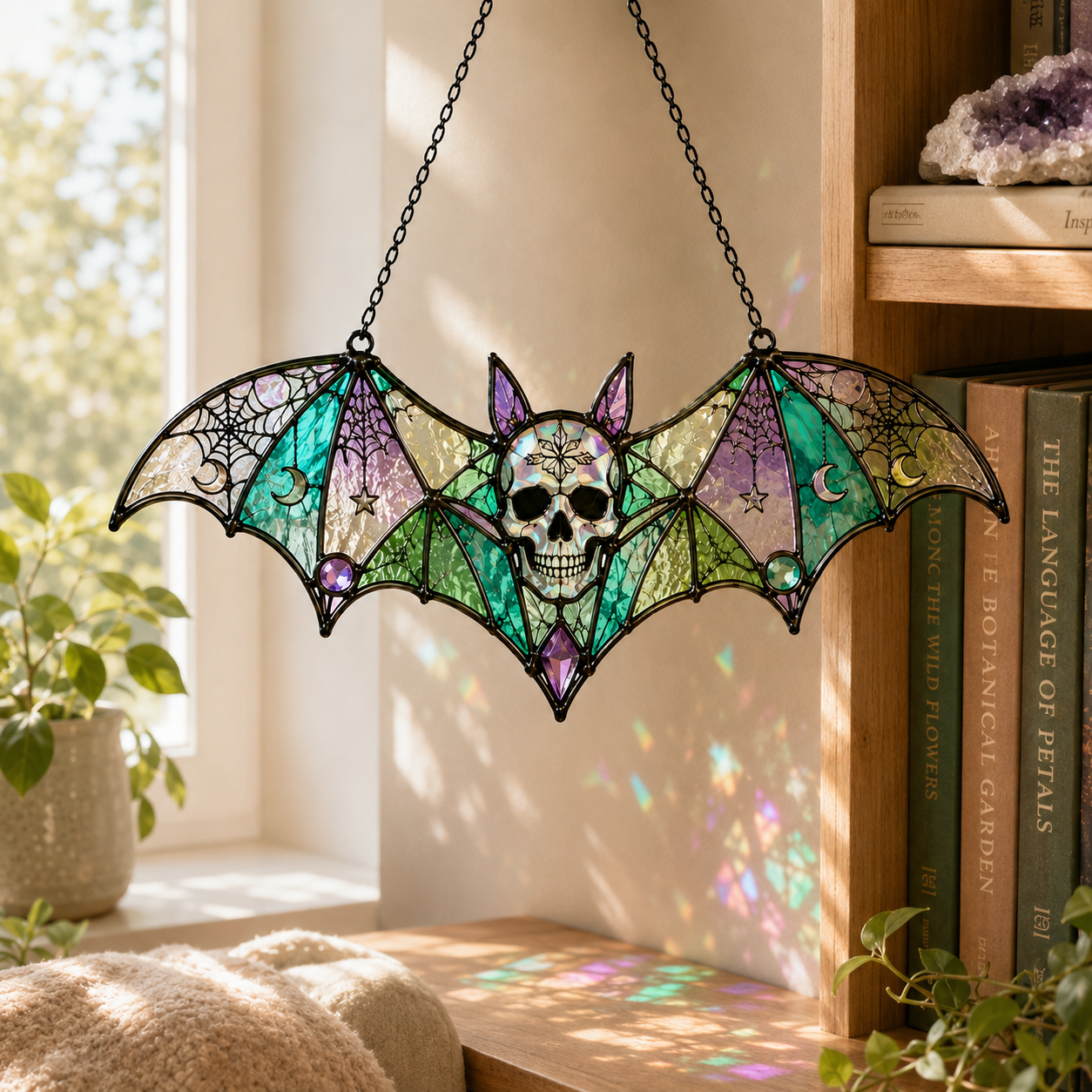 Gothic Bat Skull Suncatcher | Stained Glass Style Window Hanging | Witchy Moon Spider Web Decor | Car Ornament Gift