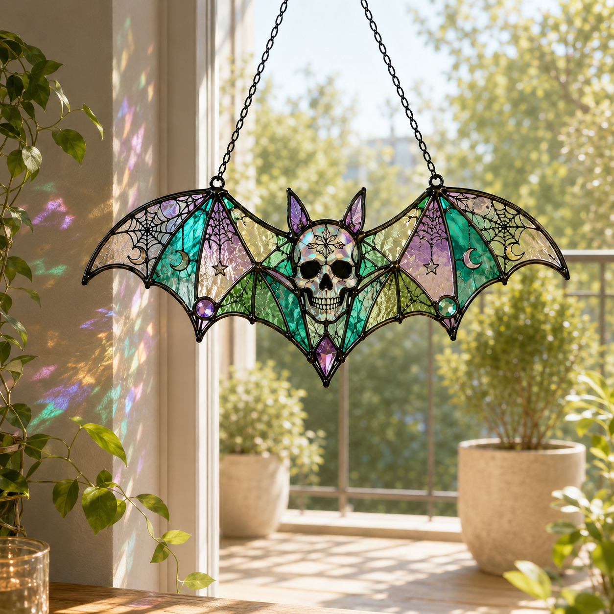 Gothic Bat Skull Suncatcher | Stained Glass Style Window Hanging | Witchy Moon Spider Web Decor | Car Ornament Gift