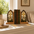 Christian Cross Bookends | Lily Stained Glass Style Wood Bookend Set | Religious Bookshelf Decor | Easter Gift