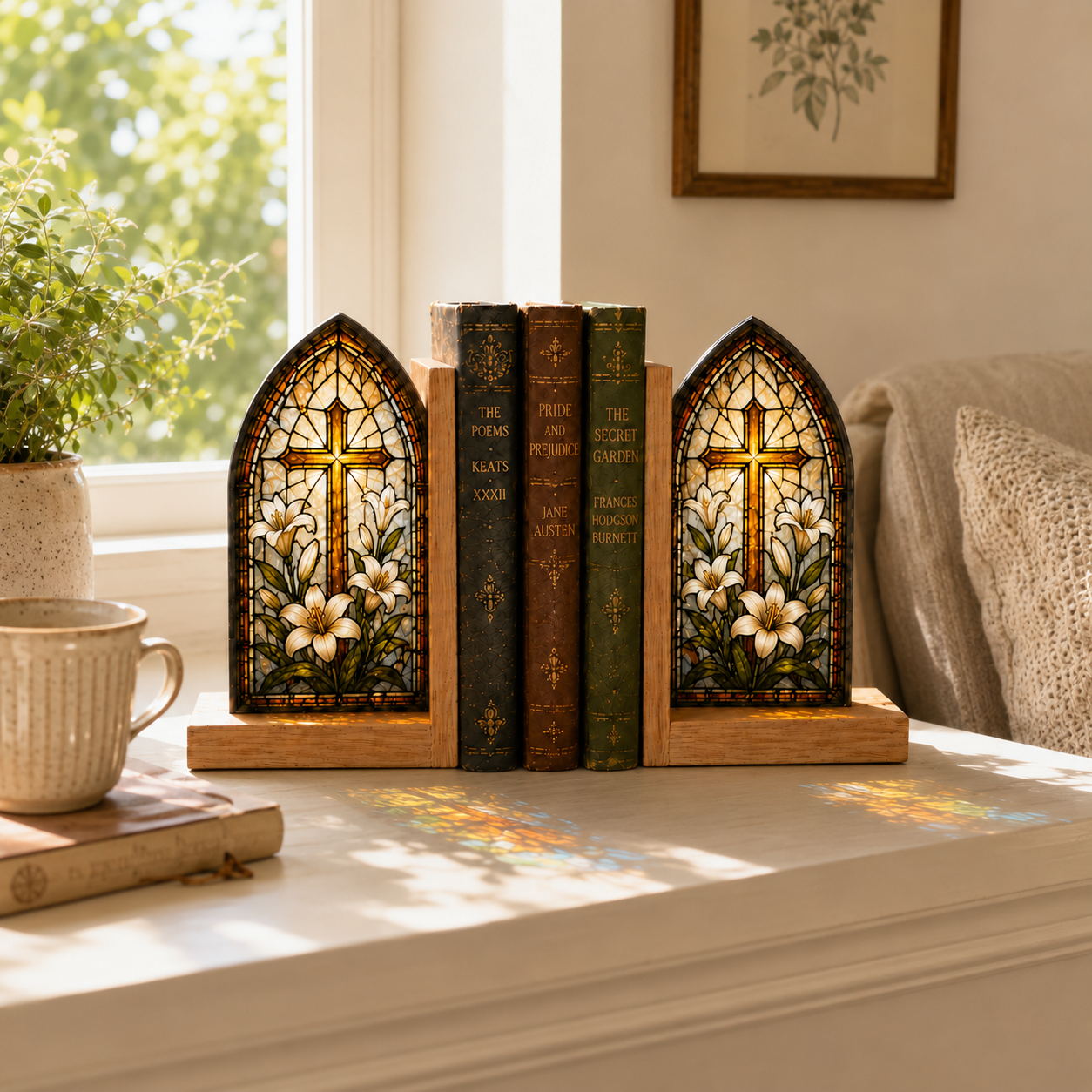 Christian Cross Bookends | Lily Stained Glass Style Wood Bookend Set | Religious Bookshelf Decor | Easter Gift