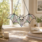 Gothic Bat Skull Suncatcher | Stained Glass Style Window Hanging | Witchy Bat Wall Decor | Car Ornament Gift